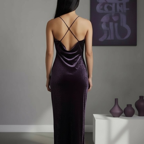 Mystree NWT Plum Purple Soft Velour Slip Midi Dress Criss Cross Back SZ L - Picture 2 of 2